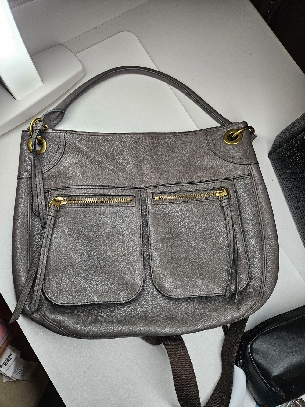 Fossil Gray Leather Shoulder Bag with Gold Hardware